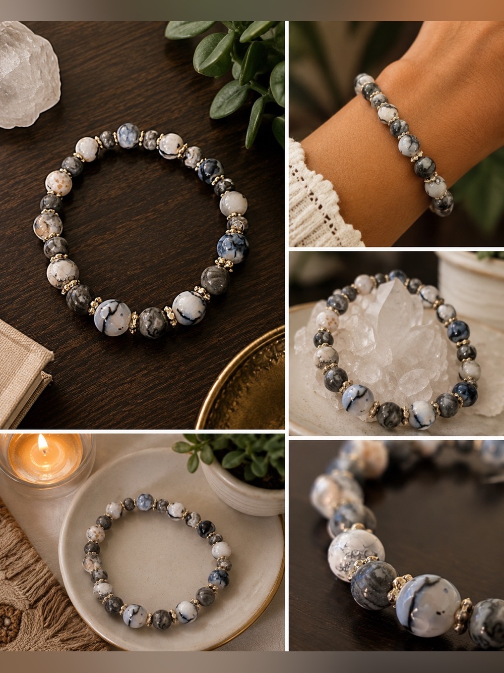 Fire Dyed Gilded Agate Stone Stretch Bracelet | Gray White Gold Beaded